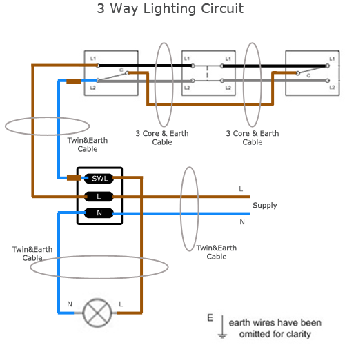 Three Way Lighting Circuit Wiring, 3 Light Switch Wiring Uk
